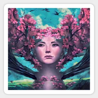 Beautiful portrait of pretty young woman face with flowers in spring Sticker